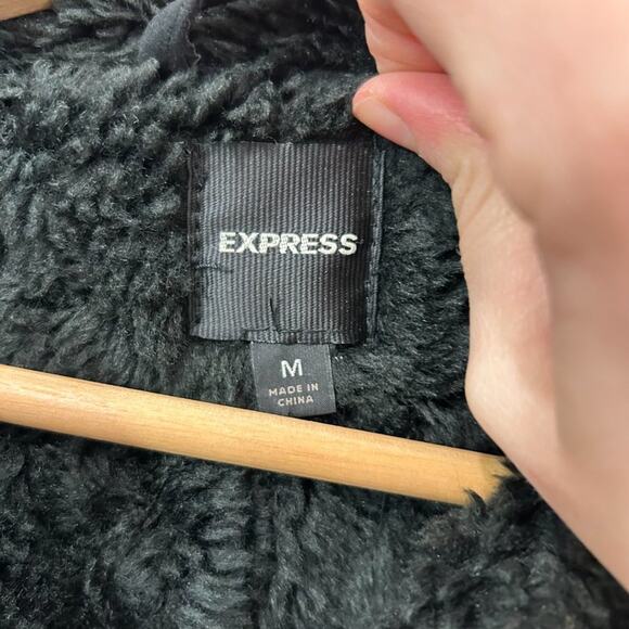 Express Neutral Black Faux Suede Fur Zip Up Moto Jacket Coat Medium Buckle - Picture 7 of 10